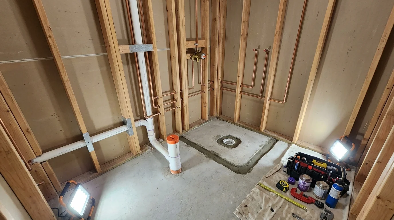 Bathroom rough-in plumbing during remodel by Johns Plumbing LLC in New Richmond