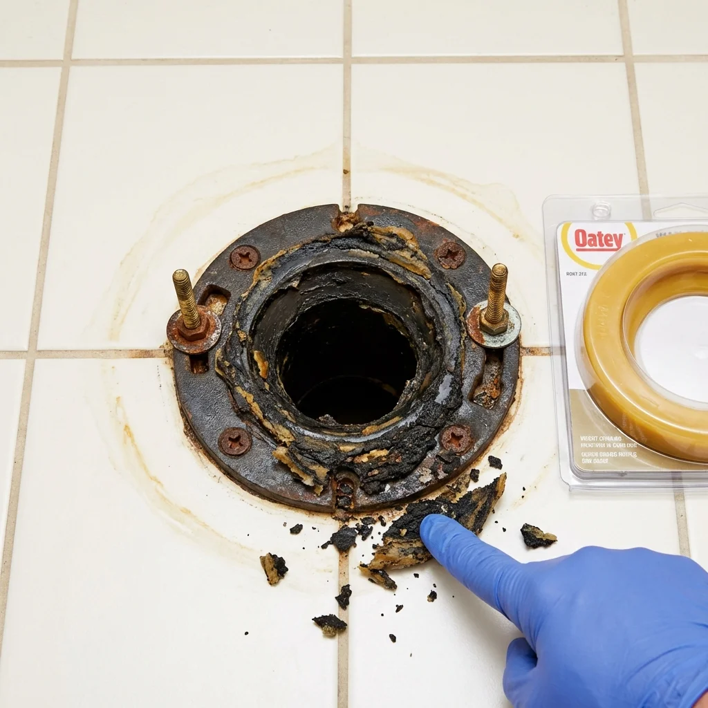 Failed wax ring showing water seepage at the base of a toilet in a New Richmond, WI home