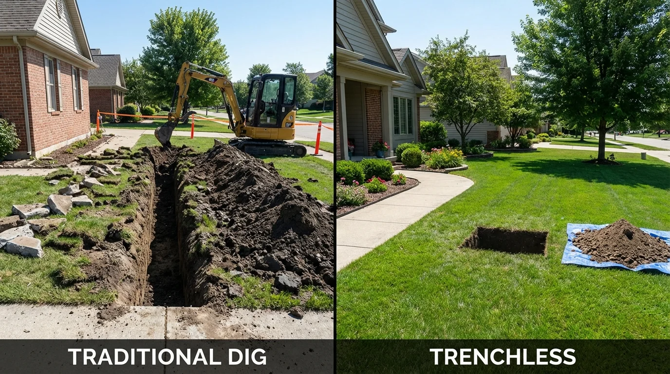 Trenchless sewer repair with minimal yard damage versus traditional excavation in New Richmond, WI