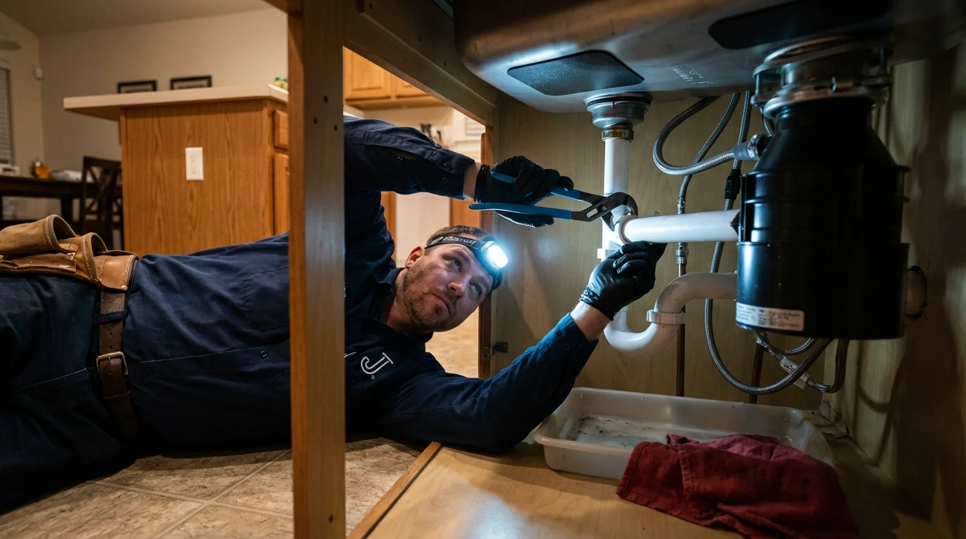 P-trap and supply line connections under a kitchen sink showing a common leak point in New Richmond, WI